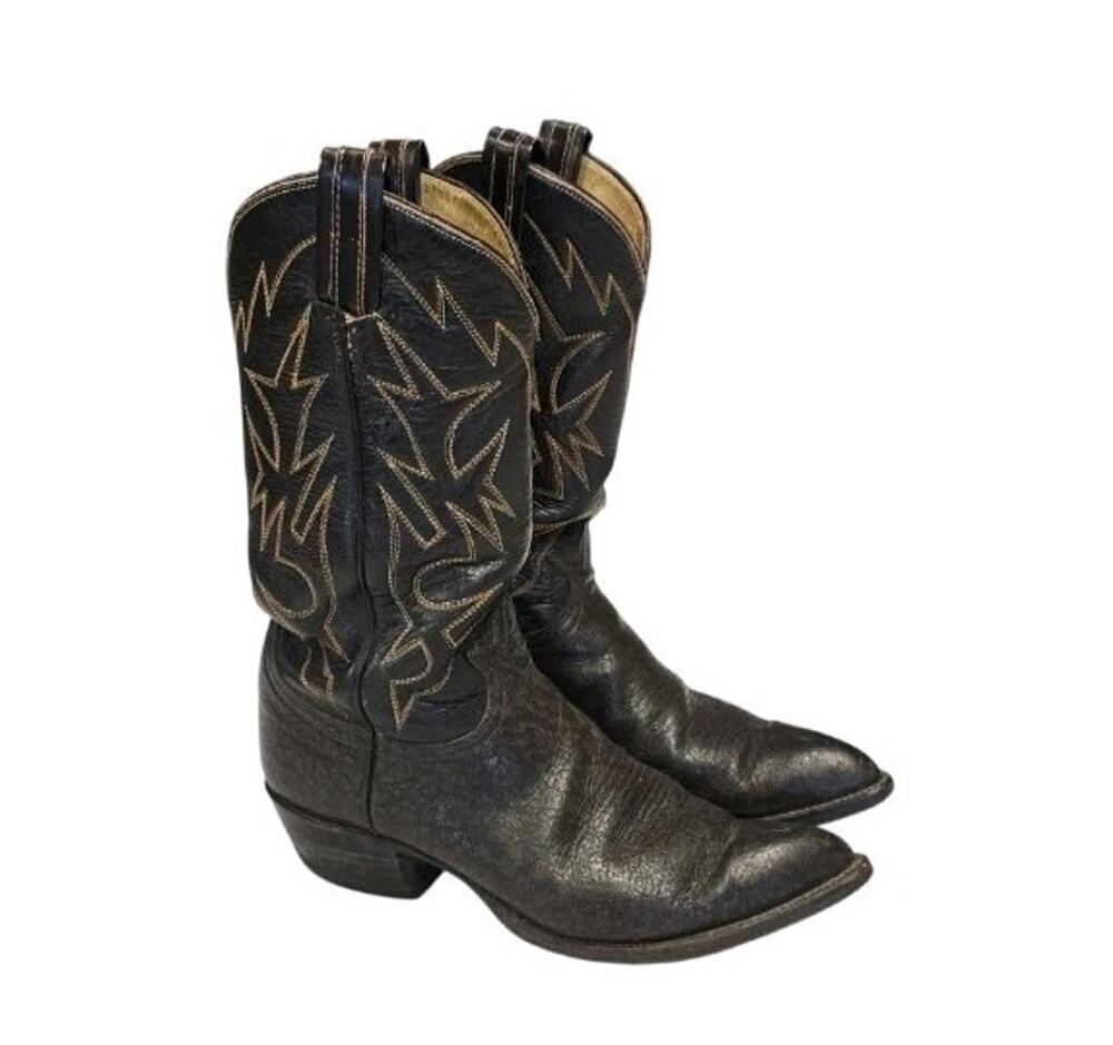 Vintage 70s Tony Lama Black Label Caribou Leather Cowboy Boots Mens 8.5 D USA